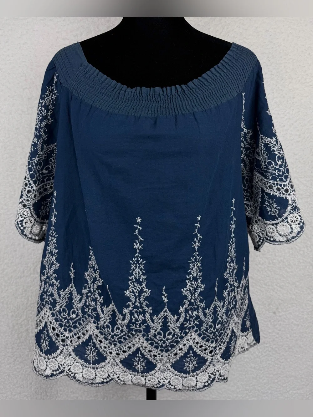 Navy Blue/White Embroidered Boho Smocked-Neck Peasant Blouse, M - Picture 10 of 10